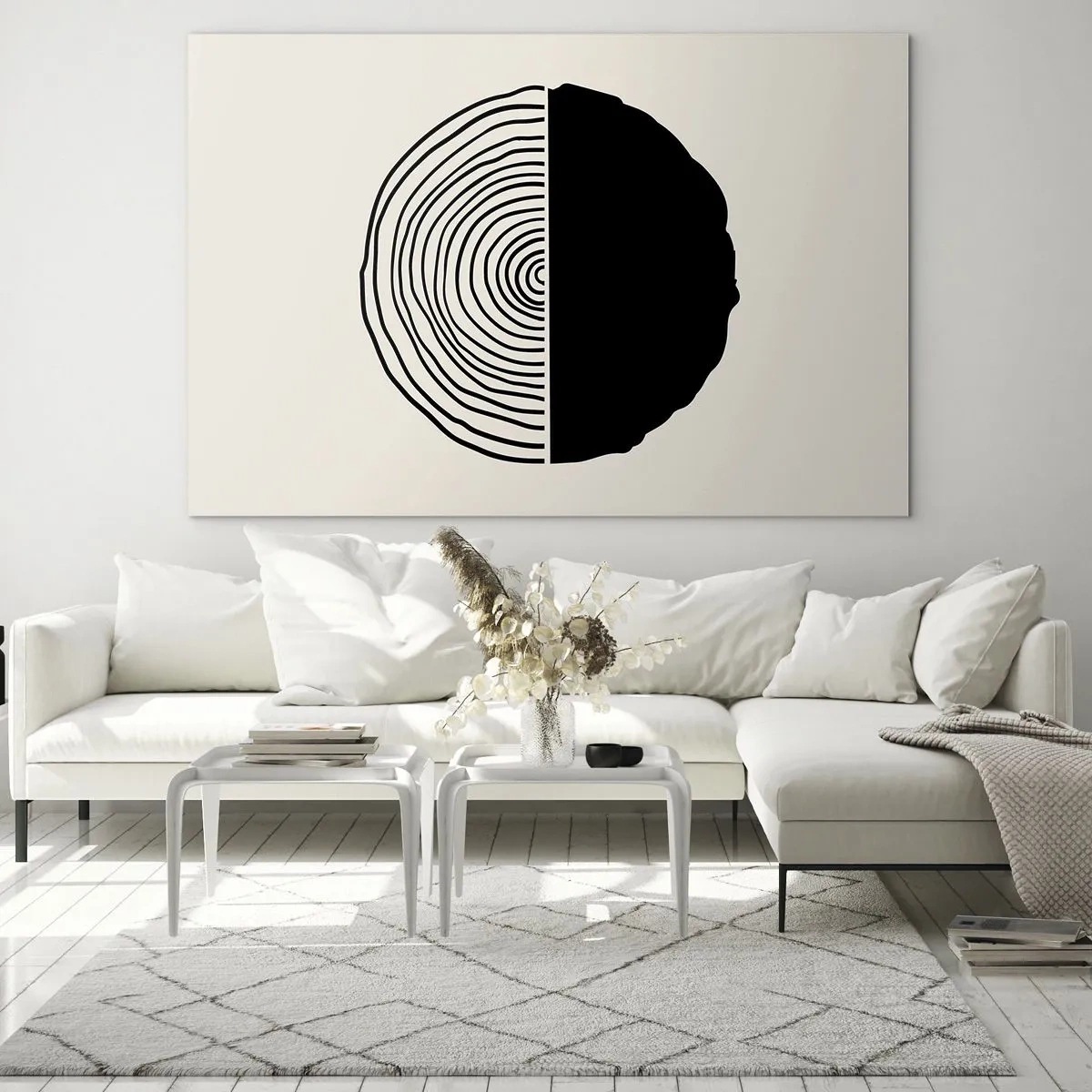 Obraz na szkle - Minimalistyczna grafika przekroju pnia drzewa w dwóch połowach - 70x50cm - Pół na pół - Nowoczesna dekoracja ścienna do salonu i sypialni ARTTOR