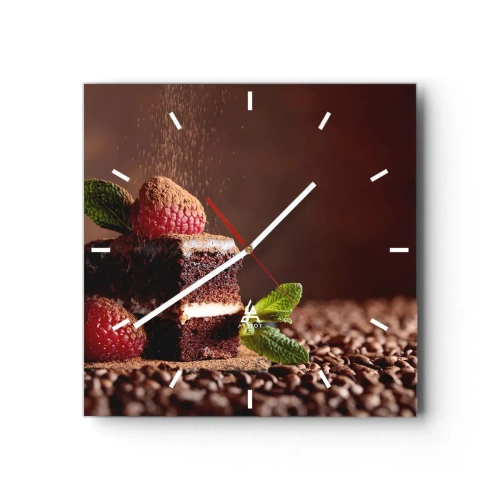 Zegar ścienny - Czekoladowe ciasto z malinami i miętą na tle ziaren kakao - 30x30cm - Życie jest słodkie - Nowoczesna dekoracja ścienna do salonu i sypialni ARTTOR