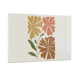 Obraz na szkle - Trzy stylizowane kwiaty w ciepłych barwach na jasnym tle - 120x80cm - Natura i geometria - Nowoczesna dekoracja ścienna do salonu, kuchni i sypialni ARTTOR