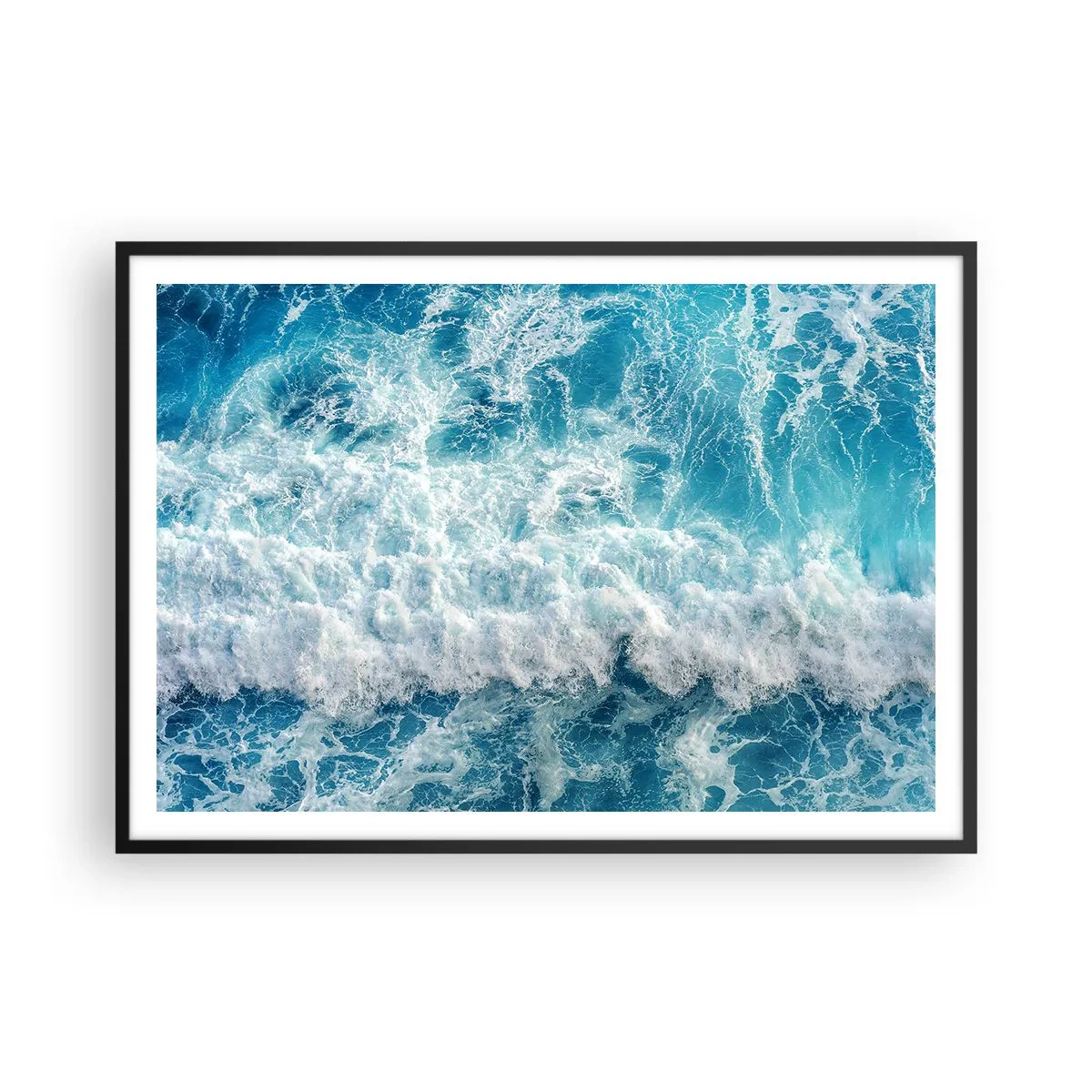Plakat w czarnej ramie - Dynamiczne fale oceanu w odcieniach błękitu - 100x70cm - Radośnie i w podskokach - Nowoczesna dekoracja ścienna do salonu i sypialni ARTTOR