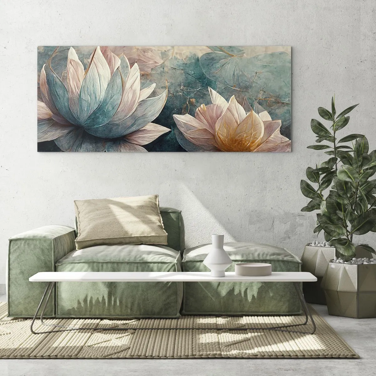 Obraz na szkle - Subtelne lilie wodne w pastelowych odcieniach błękitu i złota - 120x50cm - Gwiazdy jeziora - Nowoczesna dekoracja ścienna do salonu i sypialni ARTTOR