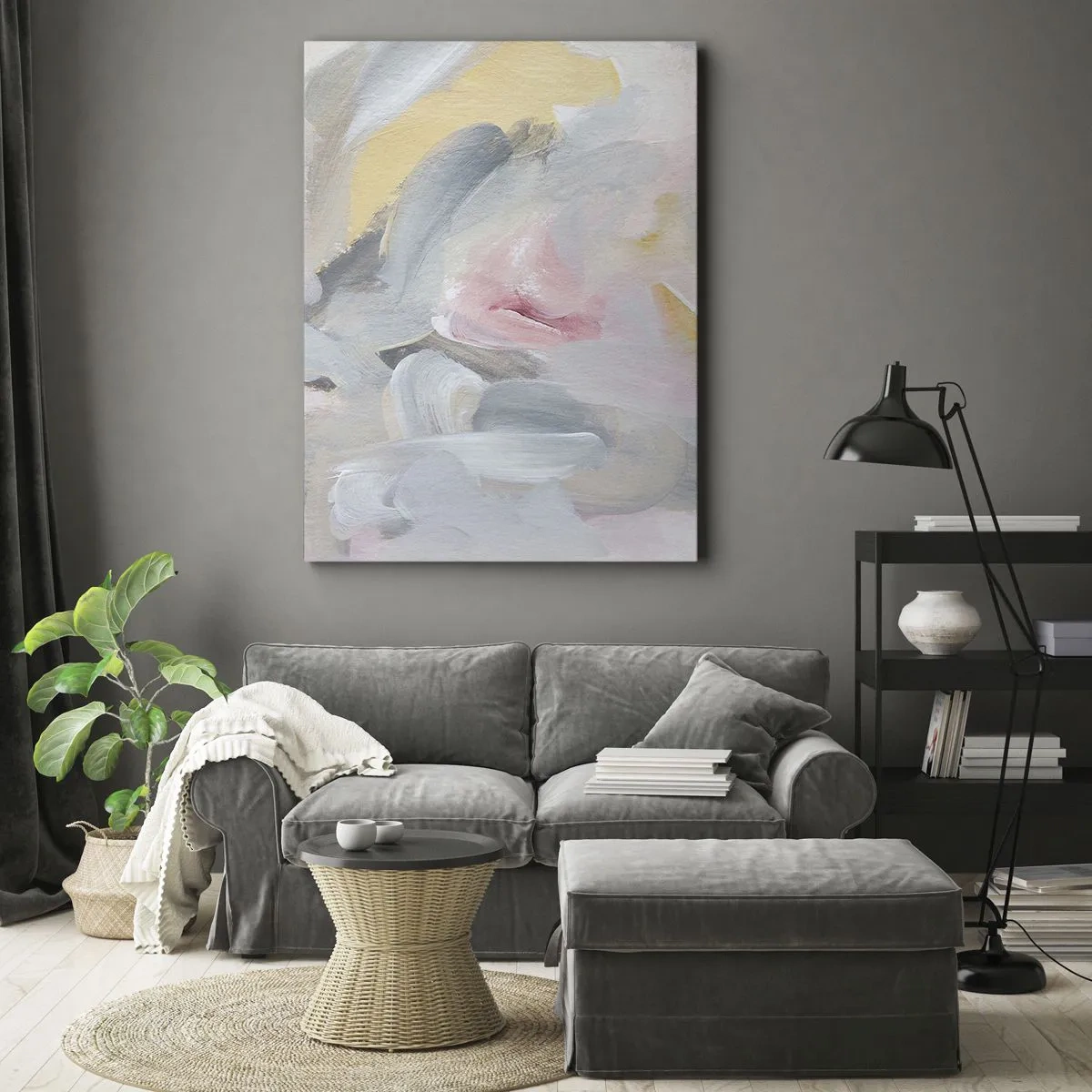 Obraz na płótnie - Abstrakcyjna kompozycja w pastelowych odcieniach różu, beżu i szarości - 50x70cm - W pastelowym świecie - Nowoczesna dekoracja ścienna do salonu, kuchni i sypialni ARTTOR