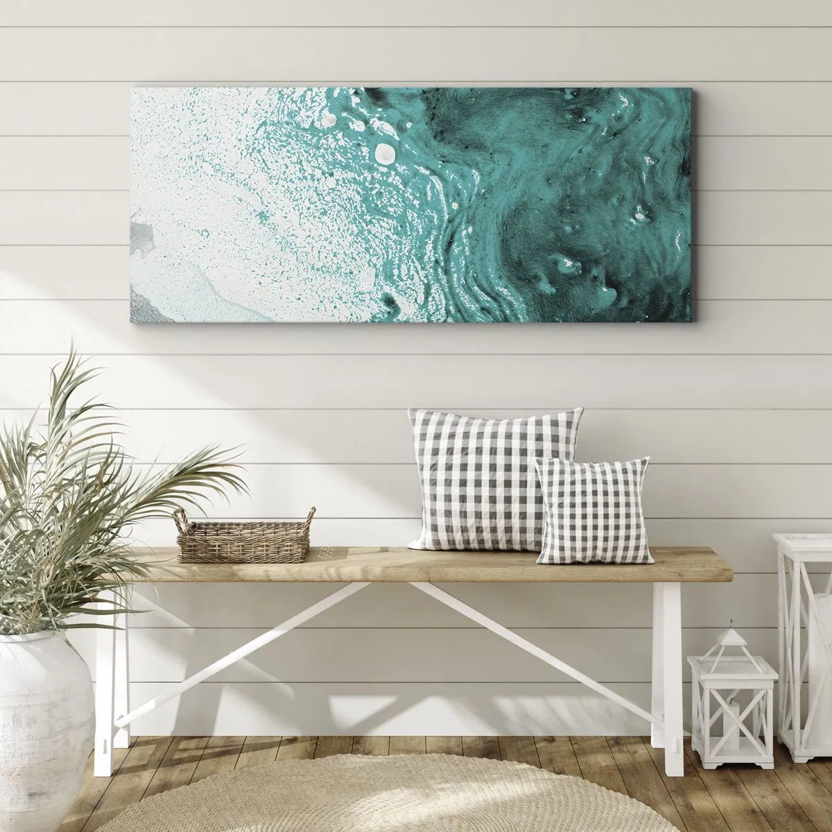 Obraz na płótnie - Abstrakcyjna kompozycja w turkusowych odcieniach na białym tle - 160x50cm - Rozpłynąć się w bieli i turkusie - Nowoczesna dekoracja ścienna do salonu i sypialni ARTTOR