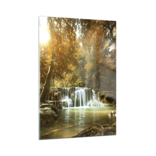 Obraz na szkle - Wodospad w parku otoczonym drzewami w jesiennych barwach - 50x70cm - Parkowa kaskada - Nowoczesna dekoracja ścienna do salonu, kuchni i sypialni ARTTOR