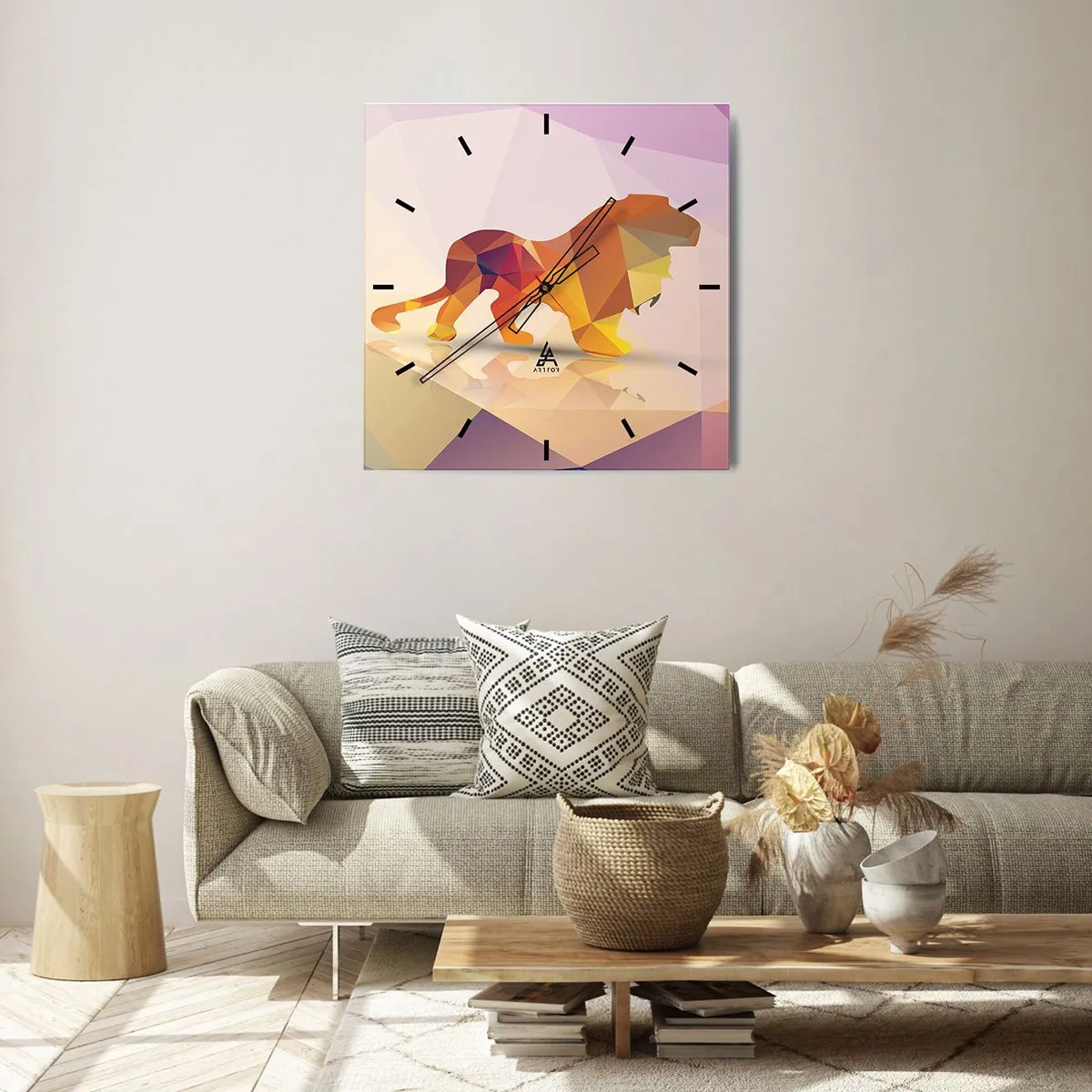 Zegar ścienny - Geometryczna sylwetka lwa w odcieniach żółci i pomarańczy - 30x30cm - Diamentowy król - Nowoczesna dekoracja ścienna do salonu i sypialni ARTTOR