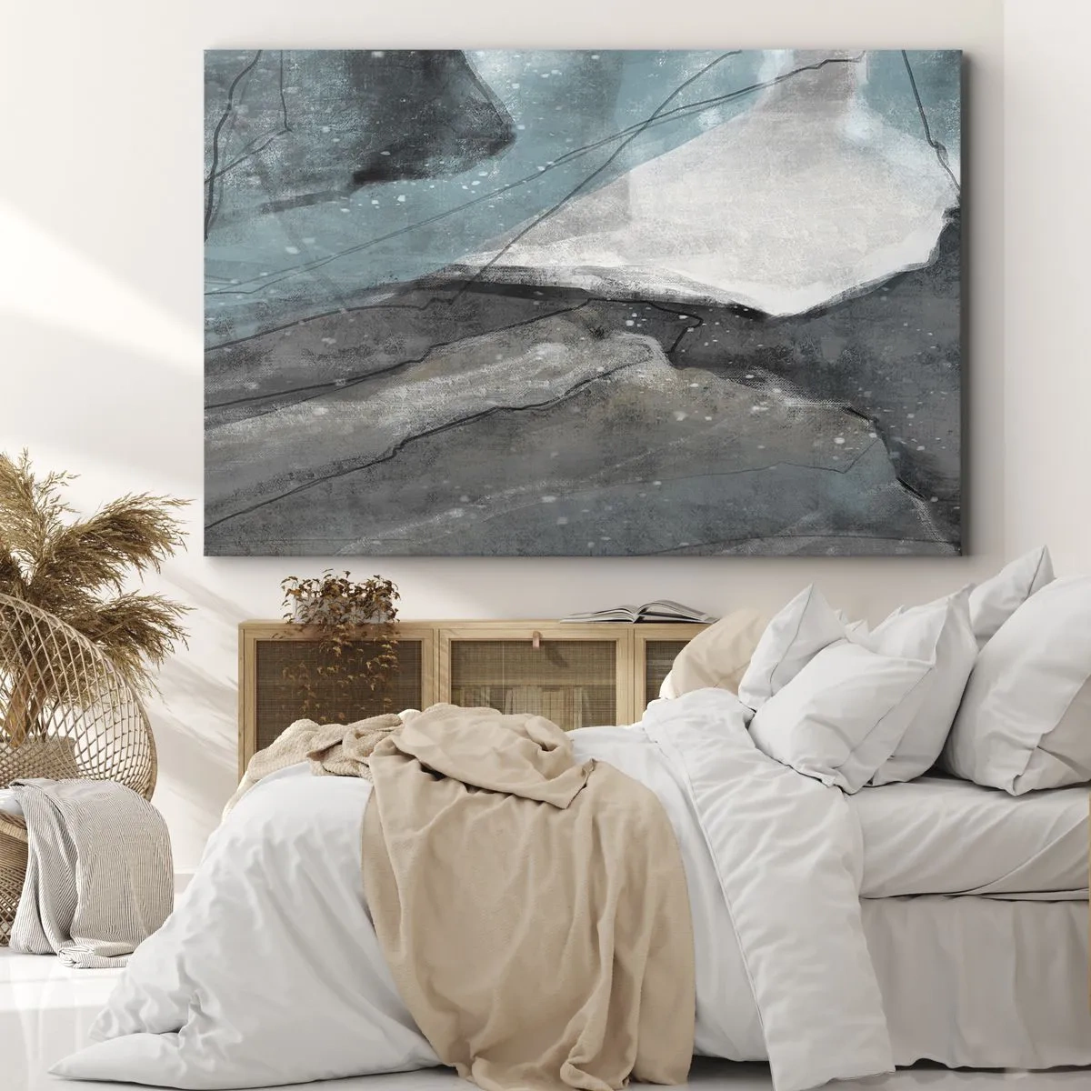 Obraz na płótnie - Abstrakcyjna kompozycja w odcieniach szarości i błękitu - 70x50cm - Abstrakcja: skały i lód - Nowoczesna dekoracja ścienna do salonu i sypialni ARTTOR