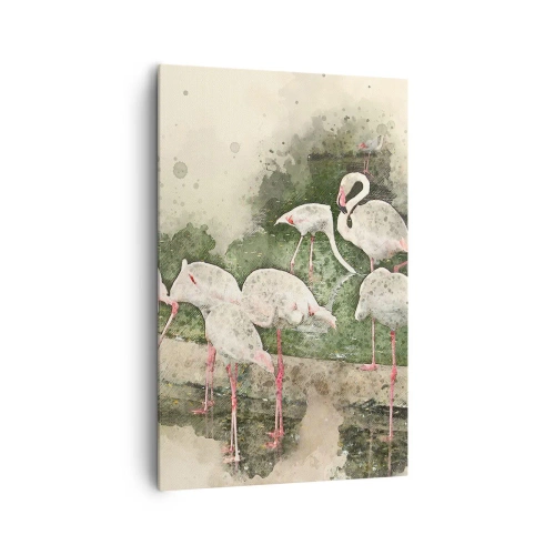 Obraz na płótnie - Flamingi w naturalnym otoczeniu w akwarelowym stylu - 80x120cm - Egzotyczny sen - Nowoczesna dekoracja ścienna do salonu i sypialni ARTTOR