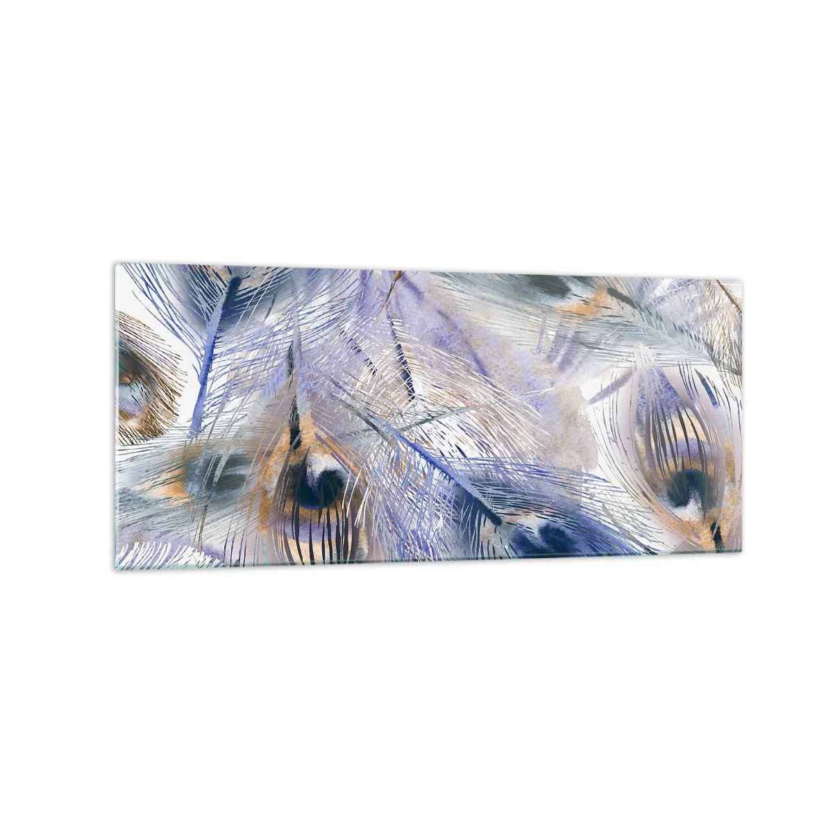 Obraz na szkle - Wzór z piórami pawia w odcieniach błękitu i złota - 120x50cm - Pawiooka kompozycja - Nowoczesna dekoracja ścienna do salonu i sypialni ARTTOR