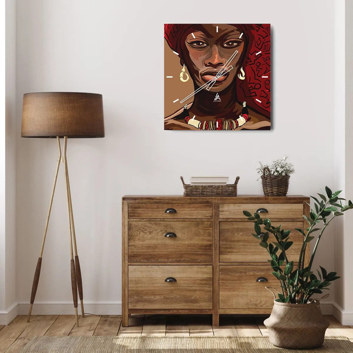 Zegar ścienny - Portret kobiety z czerwonym turbanem na beżowym tle - 30x30cm - Hebanowa Wenus - Nowoczesna dekoracja ścienna do salonu i sypialni ARTTOR