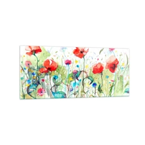 Obraz na szkle - Łąka z czerwonymi makami i kolorowymi kwiatami w akwareli - 120x50cm - Kwitnąca majem łąka - Nowoczesna dekoracja ścienna do salonu i sypialni ARTTOR