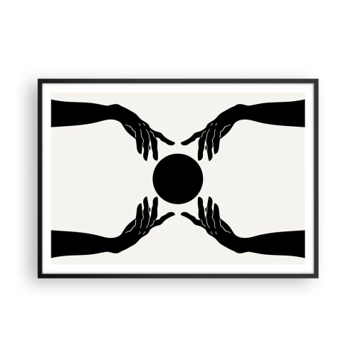 Plakat w czarnej ramie - Czarne dłonie w symetrycznej kompozycji z kulą - 100x70cm - Tajemny znak - Nowoczesna dekoracja ścienna do salonu i sypialni ARTTOR