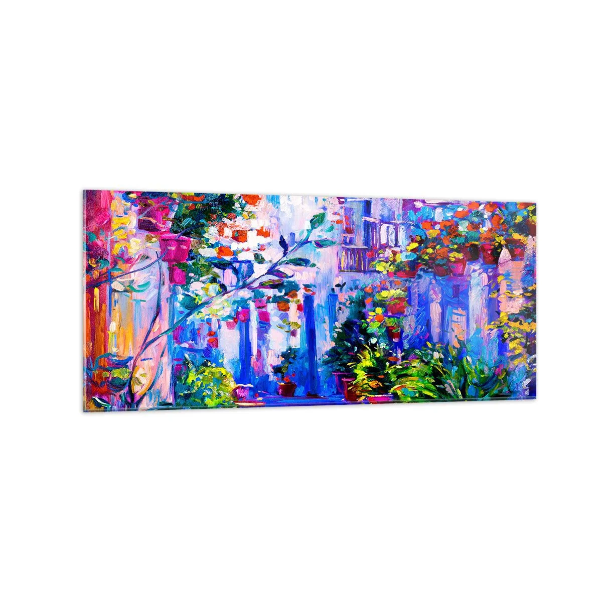 Obraz na szkle - Kolorowa uliczka pełna kwiatów - 120x50cm - Impresja - włoska uliczka - Nowoczesna dekoracja ścienna do salonu i sypialni ARTTOR