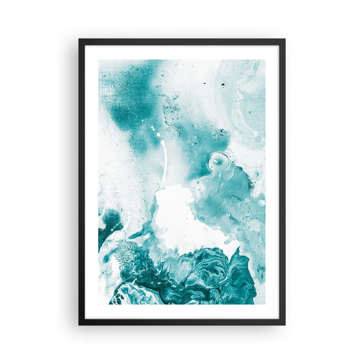 Plakat w czarnej ramie - Turkusowa abstrakcja z dynamicznymi detalami - 50x70cm - Rozlewiska błękitu - Nowoczesna dekoracja ścienna do salonu i sypialni ARTTOR