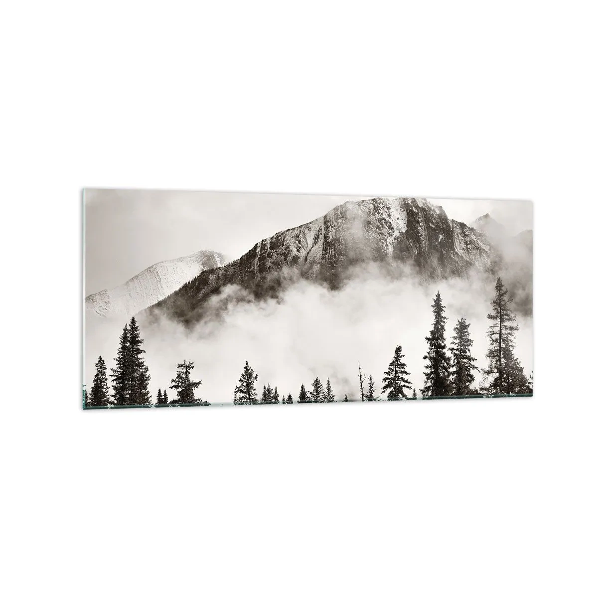 Obraz na szkle - Malowniczy szczyt górski otoczony mgłą i lasem w odcieniach sepia - 120x50cm - Granitowy władca - Nowoczesna dekoracja ścienna do salonu i sypialni ARTTOR
