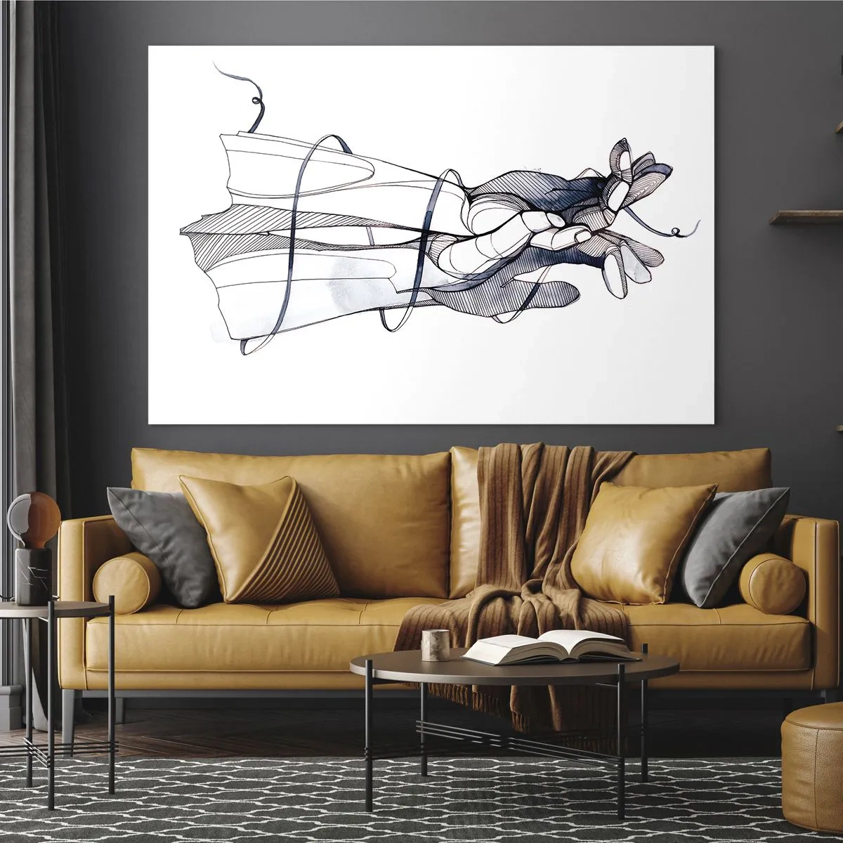 Obraz na szkle - Artystyczna ilustracja dłoni trzymającej kwiat - 70x50cm - Studium dotyku - Nowoczesna dekoracja ścienna do salonu i sypialni ARTTOR