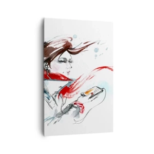 Obraz na płótnie - Kobieta w czerwonym szaliku z dynamicznymi pociągnięciami akwareli - 80x120cm - Coś we mnie gra - Nowoczesna dekoracja ścienna do salonu i sypialni ARTTOR