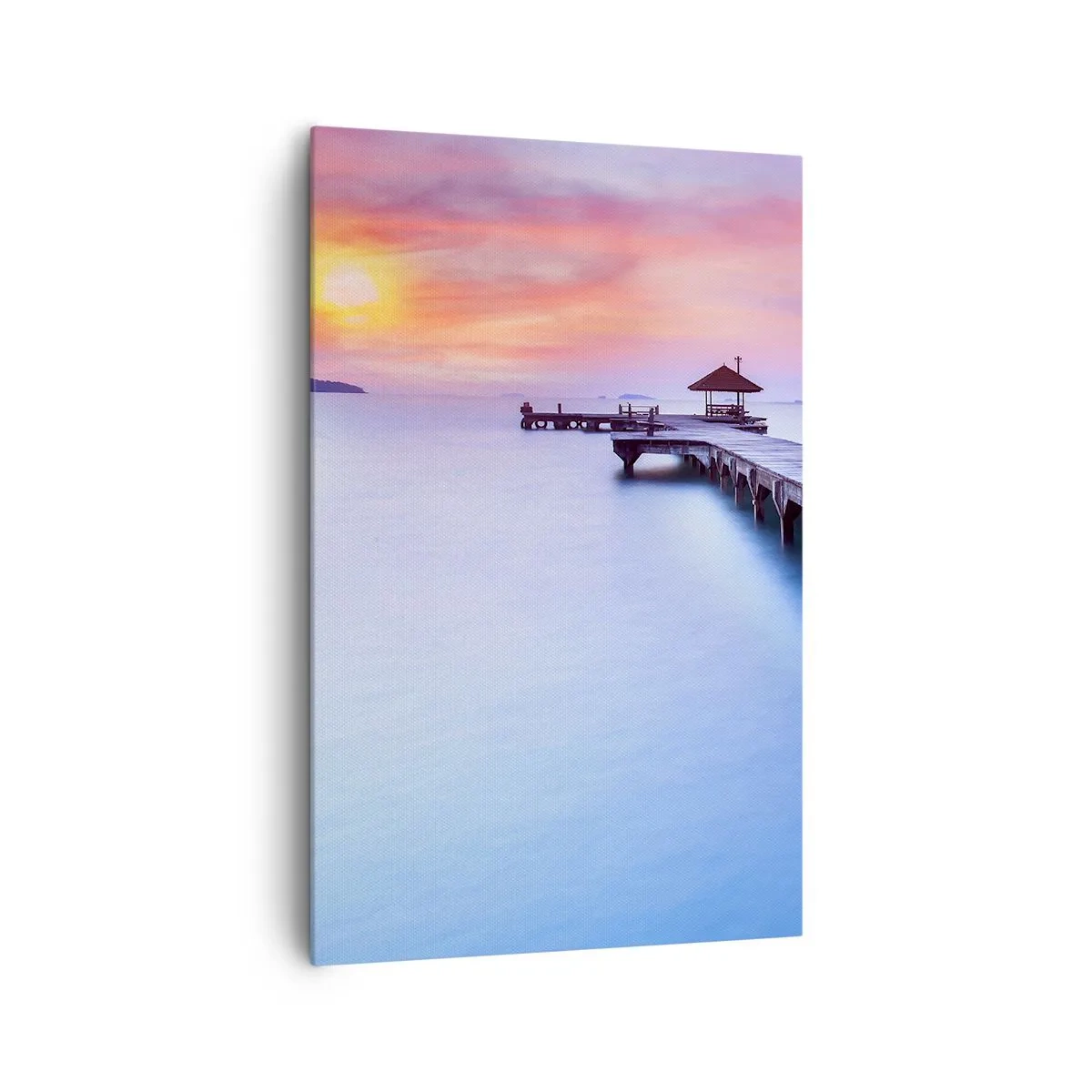 Obraz na płótnie - Drewniane molo prowadzące na wodę podczas zachodu słońca - 80x120cm - Morze spokoju aż po horyzont - Nowoczesna dekoracja ścienna do salonu i sypialni ARTTOR
