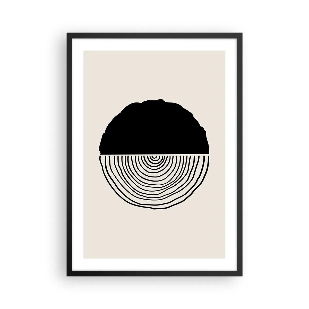 Plakat w czarnej ramie - Minimalistyczna grafika przedstawiająca przekrój drewna - 50x70cm - Pół na pół - Nowoczesna dekoracja ścienna do salonu i sypialni ARTTOR