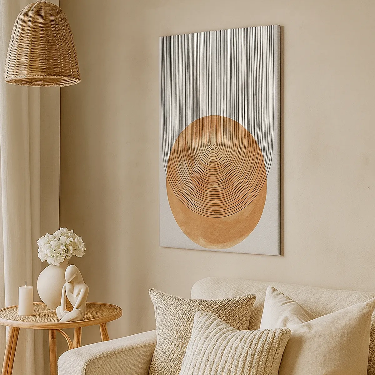 Obraz na płótnie - Geometryczna abstrakcja z liniami i okręgiem w odcieniach beżu i czerni - 50x70cm - Kompozycja słoneczna - Nowoczesna dekoracja ścienna do salonu, kuchni i sypialni ARTTOR