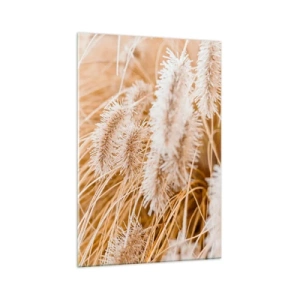 Obraz na szkle - Zbliżenie na złote, delikatne trawy w promieniach słońca - 70x100cm - Złoty szelest traw - Nowoczesna dekoracja ścienna do salonu i sypialni ARTTOR