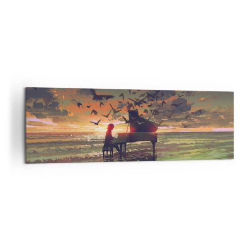 Obraz na płótnie - Pianino na brzegu morza przy zachodzie słońca z ptakami - 160x50cm - Koncert na fortepian i fale - Nowoczesna dekoracja ścienna do salonu i sypialni ARTTOR