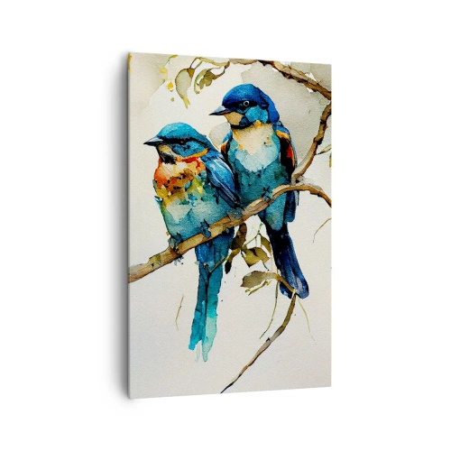 Obraz na płótnie - Trzy kolorowe ptaki na gałęzi w akwarelowym stylu - 80x120cm - Obraził się? - Nowoczesna dekoracja ścienna do salonu i sypialni ARTTOR
