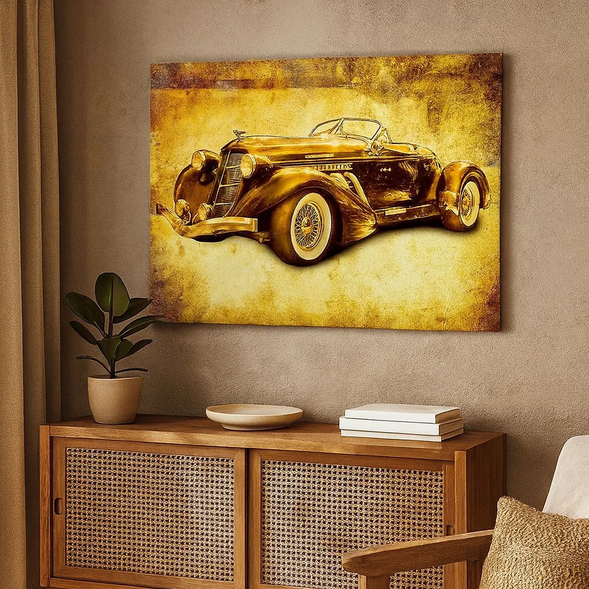 Obraz na płótnie - Złoty klasyczny kabriolet retro na tle vintage w ciepłych barwach - 70x50cm - Elita elit - Nowoczesna dekoracja ścienna do salonu i sypialni ARTTOR