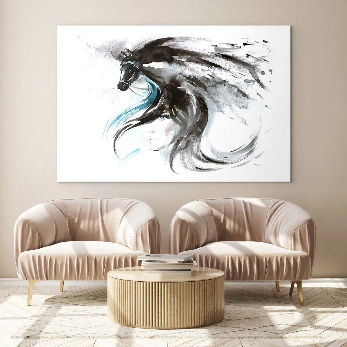 Obraz na szkle - Portret kobiety i konia w artystycznej, dynamicznej kompozycji - 120x80cm - Galop Czarnego Księcia - Nowoczesna dekoracja ścienna do salonu, kuchni i sypialni ARTTOR