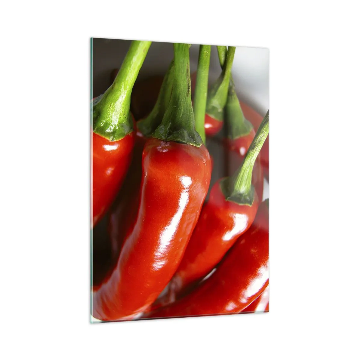 Obraz na szkle - Czerwone papryczki chili z zielonymi szypułkami - 50x70cm - Soczyste, błyszczące, gładkie - Nowoczesna dekoracja ścienna do salonu, kuchni i sypialni ARTTOR