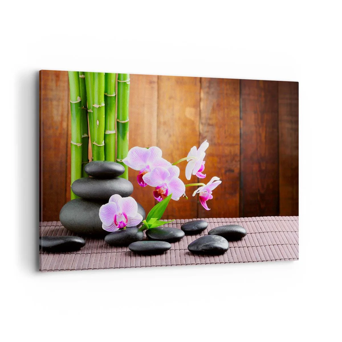 Obraz na płótnie - Bambus, kamienie i różowe orchidee w stylu Zen na tle drewna - 120x80cm - Poznaj przyjemności wschodu - Nowoczesna dekoracja ścienna do salonu, kuchni i sypialni ARTTOR