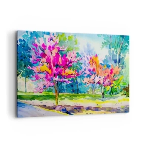 Obraz na płótnie - Kolorowe drzewa w parku w stylu akwarelowym - 120x80cm - Tęczowy ogród w wiosennym blasku - Nowoczesna dekoracja ścienna do salonu, kuchni i sypialni ARTTOR