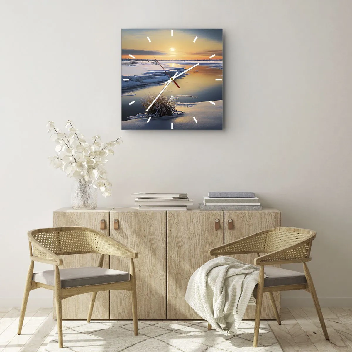 Zegar ścienny - Zimowy krajobraz z rzeką o zachodzie słońca - 30x30cm - Zimowy zachód słońca - Nowoczesna dekoracja ścienna do salonu i sypialni ARTTOR