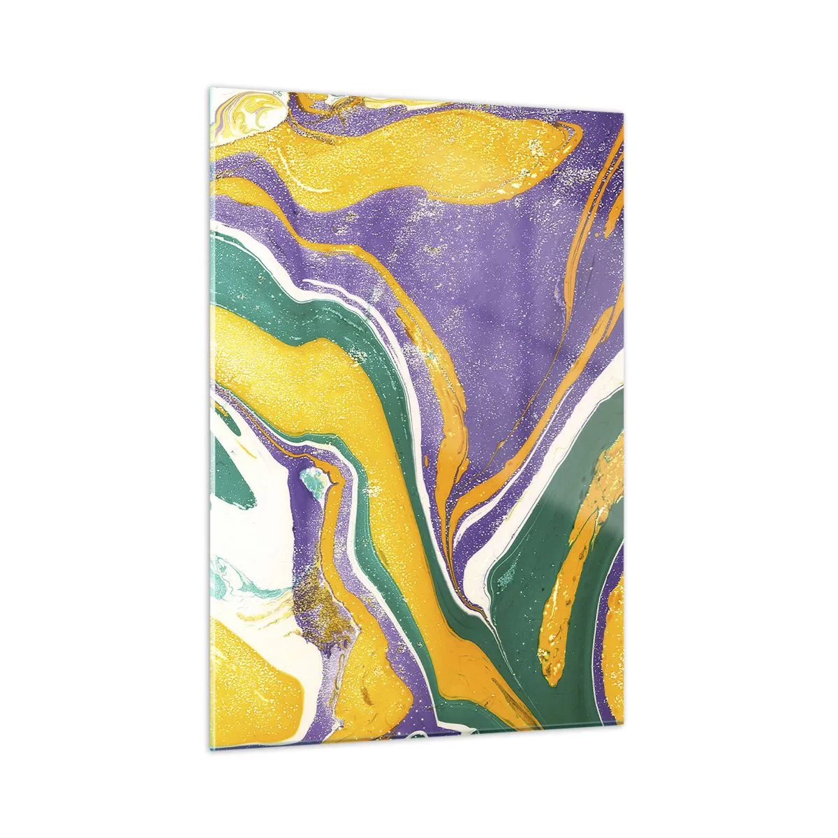 Obraz na szkle - Abstrakcyjny wzór z falami w żółci, fiolecie i zieleni - 50x70cm - Fale barw - Nowoczesna dekoracja ścienna do salonu, kuchni i sypialni ARTTOR