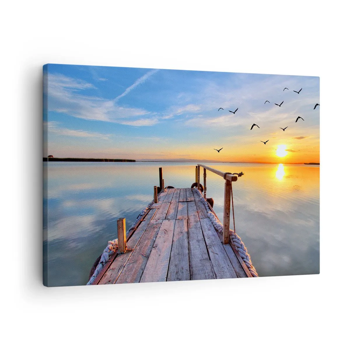 Obraz na płótnie - Drewniane molo o zachodzie słońca na spokojnym jeziorze - 70x50cm - Iść przed siebie ku słońcu - Nowoczesna dekoracja ścienna do salonu i sypialni ARTTOR