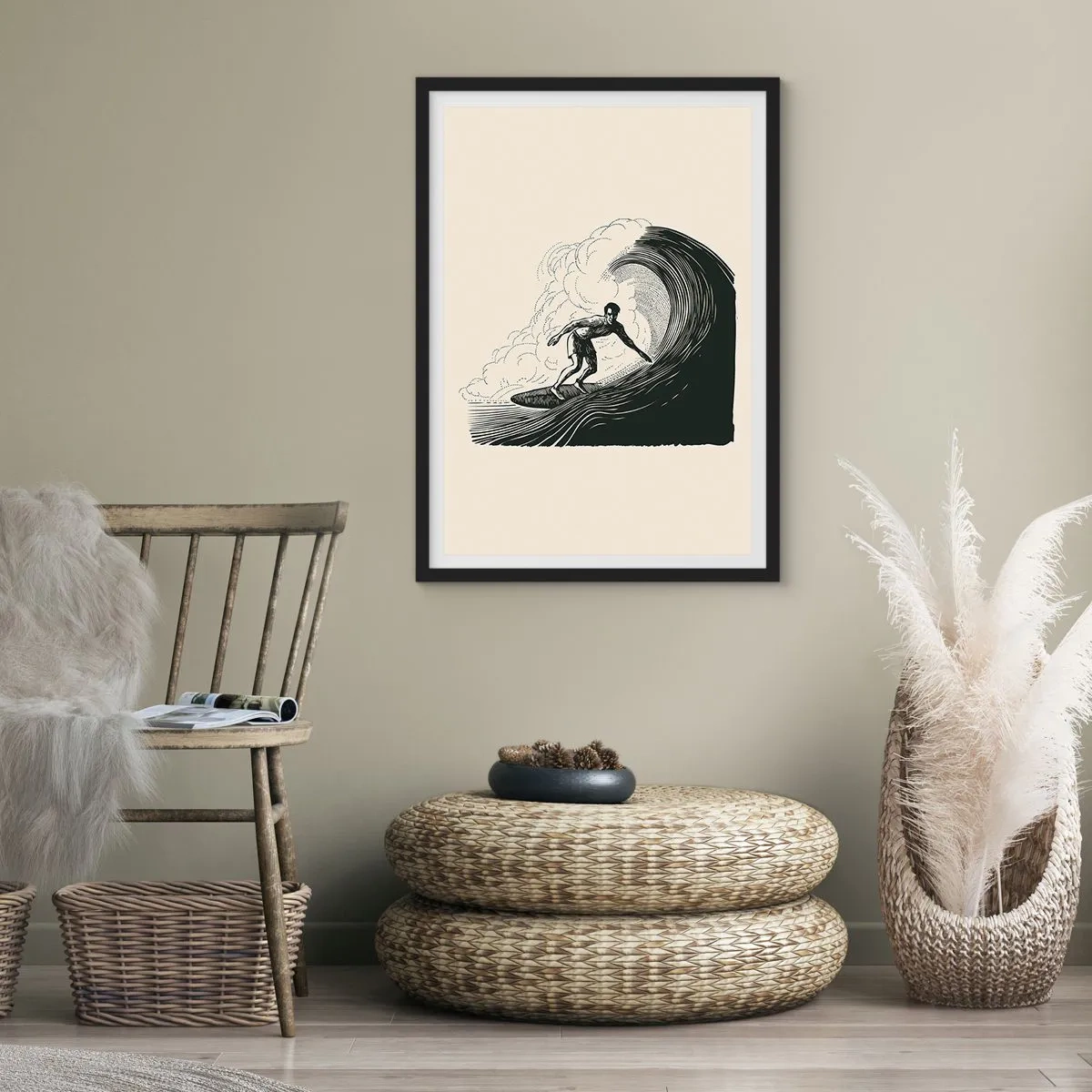 Plakat w czarnej ramie - Grafika surfera na fali w stylu retro, czarno-kremowa kompozycja - 50x70cm - Król fali - Nowoczesna dekoracja ścienna do salonu i sypialni ARTTOR