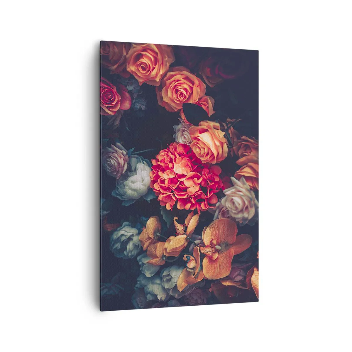 Obraz na płótnie - Bukiet różnorodnych kwiatów w ciemnej tonacji - 80x120cm - Jak u holenderskich mistrzów - Nowoczesna dekoracja ścienna do salonu i sypialni ARTTOR