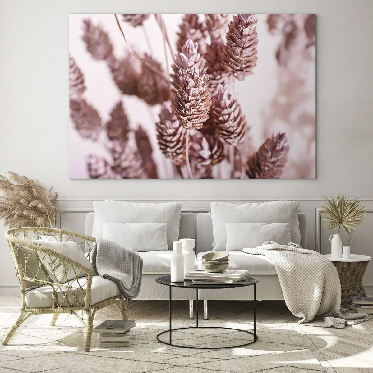 Obraz na szkle - Suszone kłosy traw w odcieniach pudrowego różu - 100x70cm - Z pozoru niepozorne - Nowoczesna dekoracja ścienna do salonu, kuchni i sypialni ARTTOR
