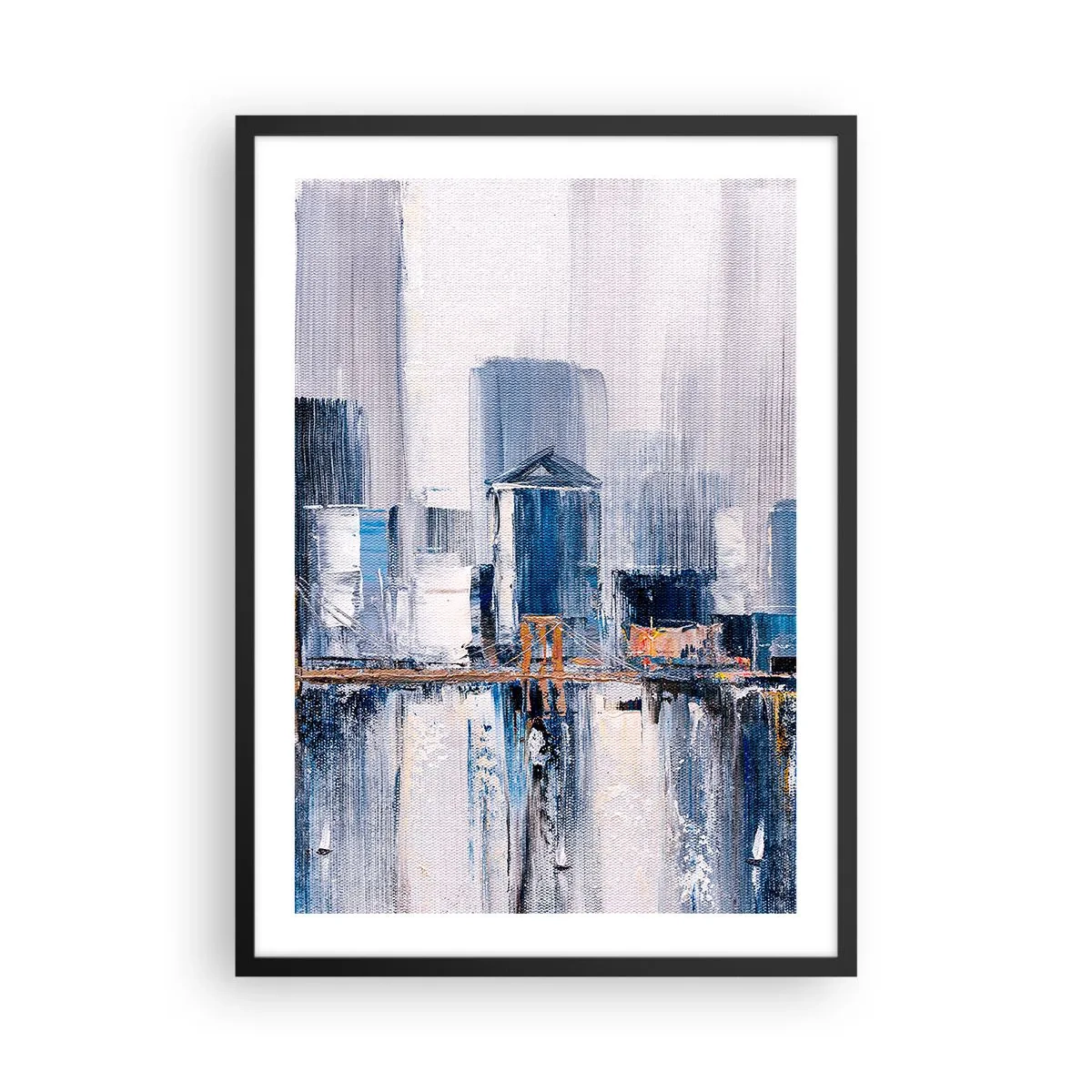 Plakat w czarnej ramie - Abstrakcyjna panorama miasta w odcieniach niebieskiego i bieli - 50x70cm - Nowojorska impresja - Nowoczesna dekoracja ścienna do salonu i sypialni ARTTOR