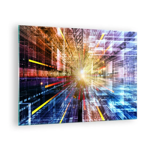 Obraz na szkle - Abstrakcyjna wizja z kolorowymi liniami i światłem - 70x50cm - Świetlny korytarz - Nowoczesna dekoracja ścienna do salonu i sypialni ARTTOR