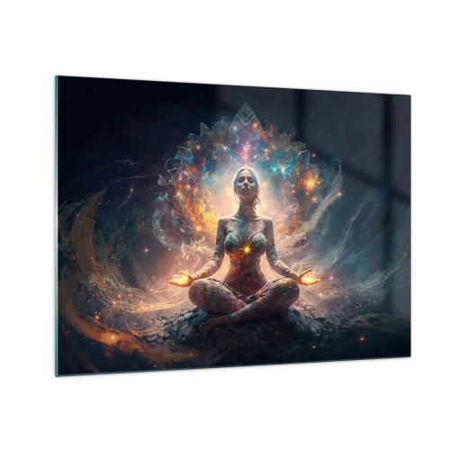 Obraz na szkle - Medytująca kobieta w świetlnej aurze energii i barw - 70x50cm - Przepływ dobrej energii - Nowoczesna dekoracja ścienna do salonu i sypialni ARTTOR