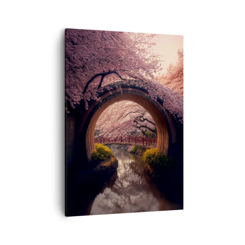Obraz na płótnie - Okrągły most i kanał otoczone kwitnącymi wiśniami w Japonii - 50x70cm - Japońska wiosna - Nowoczesna dekoracja ścienna do salonu, kuchni i sypialni ARTTOR
