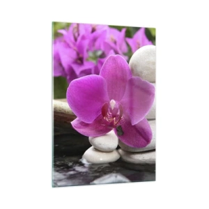 Obraz na szkle - Fioletowa orchidea, kamienie i bambusowy wodospad - 50x70cm - Już odpoczywasz - Nowoczesna dekoracja ścienna do salonu, kuchni i sypialni ARTTOR