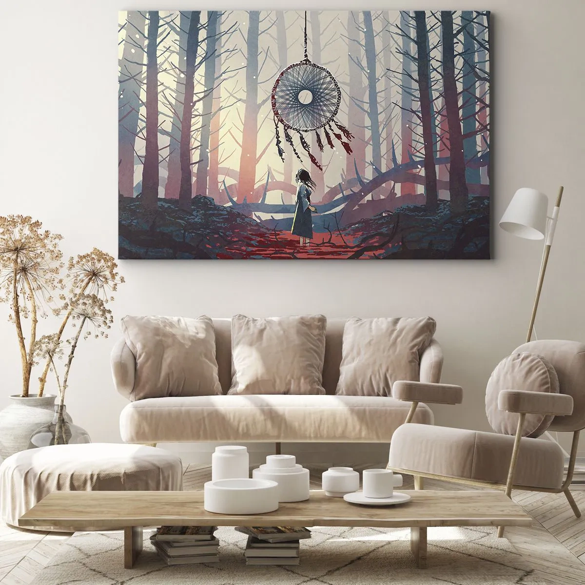 Obraz na płótnie - Leśna scena z wielkim łapaczem snów - 70x50cm - Tajemny rytuał szczęścia - Nowoczesna dekoracja ścienna do salonu i sypialni ARTTOR