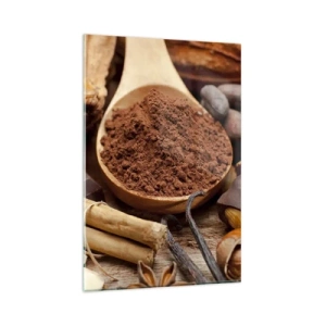 Obraz na szkle - Łyżka kakao i składniki czekoladowe w rustykalnej aranżacji - 80x120cm - Najlepsza na smutki - Nowoczesna dekoracja ścienna do salonu i sypialni ARTTOR