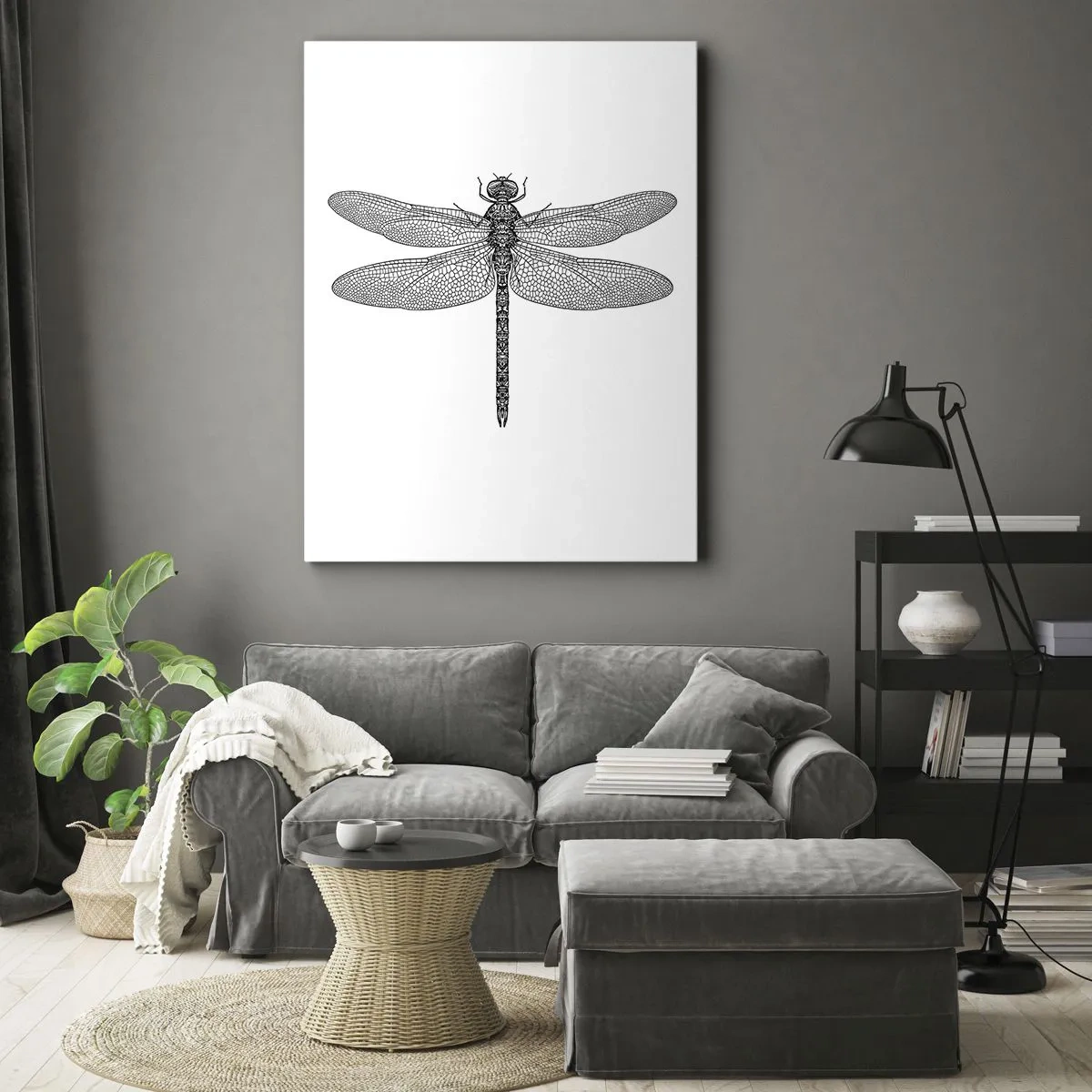 Obraz na płótnie - Czarno-biały rysunek ważki na białym tle w minimalistycznym stylu - 70x100cm - Precyzja natury - Nowoczesna dekoracja ścienna do salonu i sypialni ARTTOR