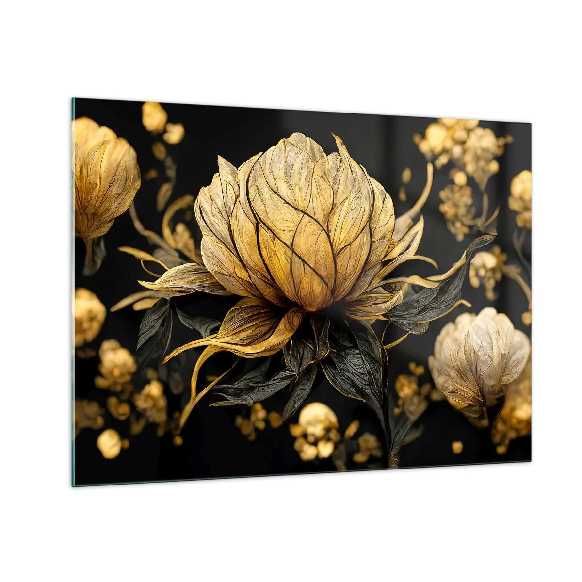 Obraz na szkle - Złote kwiaty na czarnym tle w eleganckiej kompozycji - 70x50cm - Subtelna kruchość - Nowoczesna dekoracja ścienna do salonu i sypialni ARTTOR