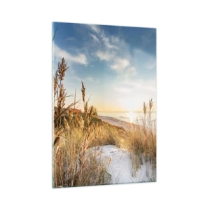 Obraz na szkle - Zachód słońca nad plażą z wydmami porośniętymi trawami - 50x70cm - Północna plaża - Nowoczesna dekoracja ścienna do salonu, kuchni i sypialni ARTTOR