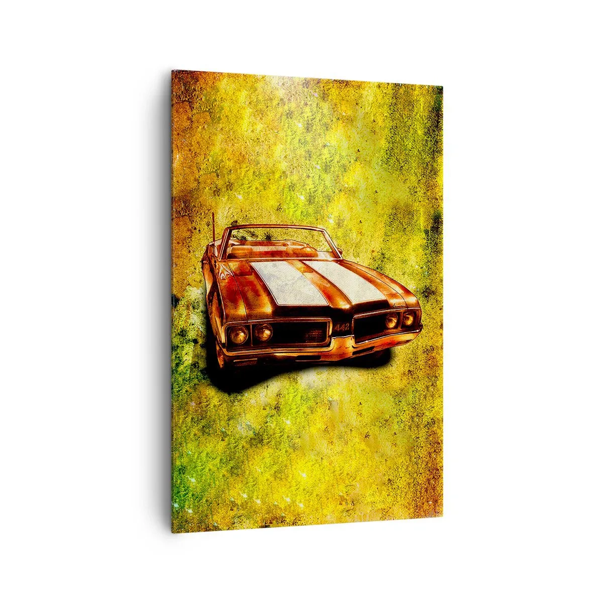 Obraz na płótnie - Sportowy kabriolet retro w złotych odcieniach na tle vintage - 80x120cm - Moc zaklęta w kształtach - Nowoczesna dekoracja ścienna do salonu i sypialni ARTTOR