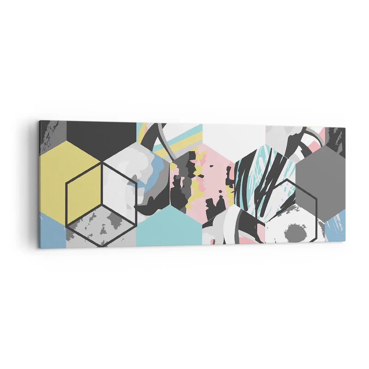 Obraz na płótnie - Geometryczny wzór heksagonów z kolorowymi abstrakcyjnymi detalami - 140x50cm - Sześciokąty i sześciany w sześciu barwach - Nowoczesna dekoracja ścienna do salonu i sypialni ARTTOR