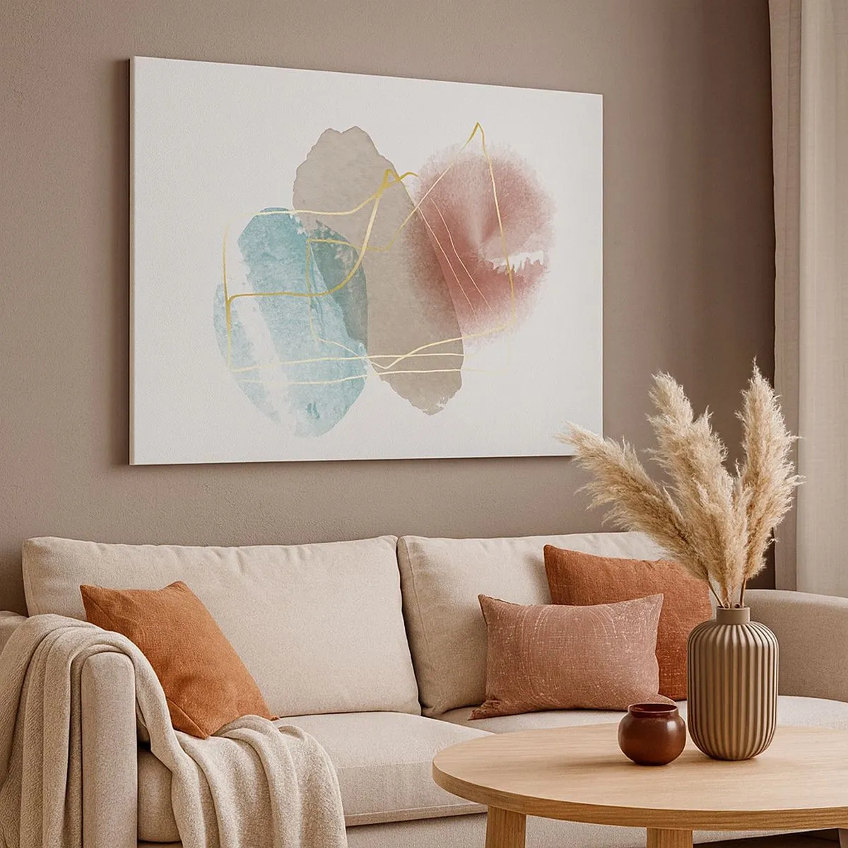 Obraz na płótnie - Abstrakcyjne formy z delikatnymi kolorami i złotymi liniami - 70x50cm - Korale przestrzeni - Nowoczesna dekoracja ścienna do salonu i sypialni ARTTOR